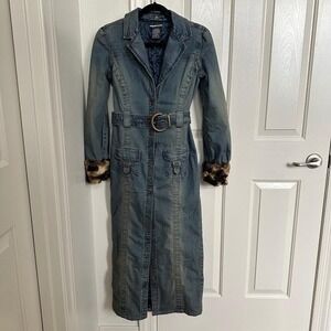 Vintage BEBE Y2K Denim Maxi Trench‎ Coat - Faux Fur Leopard Cuffs & Belted Small